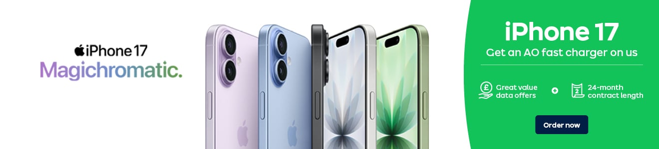 iPhone 17 Get an AO fast charger on us. Great value data offers and 24 month contract lengths. Order now.